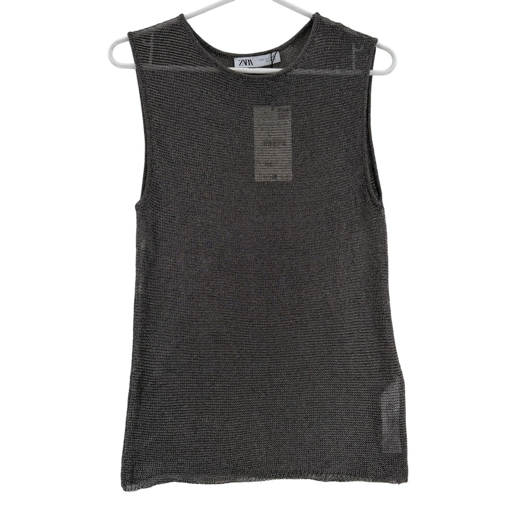 ZARA Top Womens Small Silver Metallic Mesh Knit Sleeveless Sheer‎ Tank Party NWT